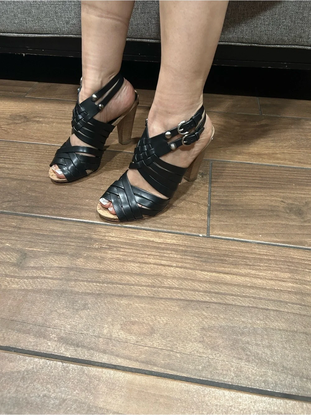 Women's Black Strappy Wedge Sandals